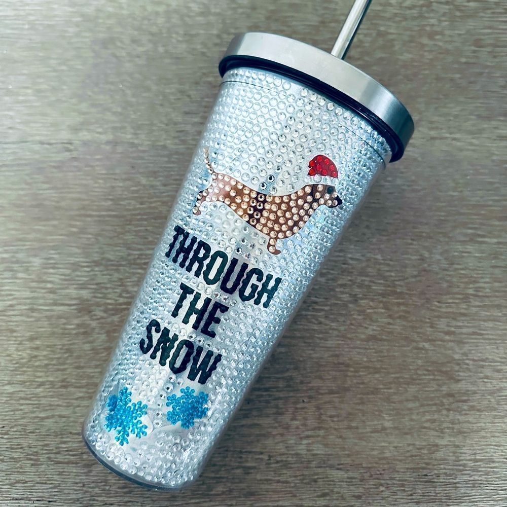 Dachshund Through the Snow Sparkly Metallic Holiday Tumbler Straw Travel Mug